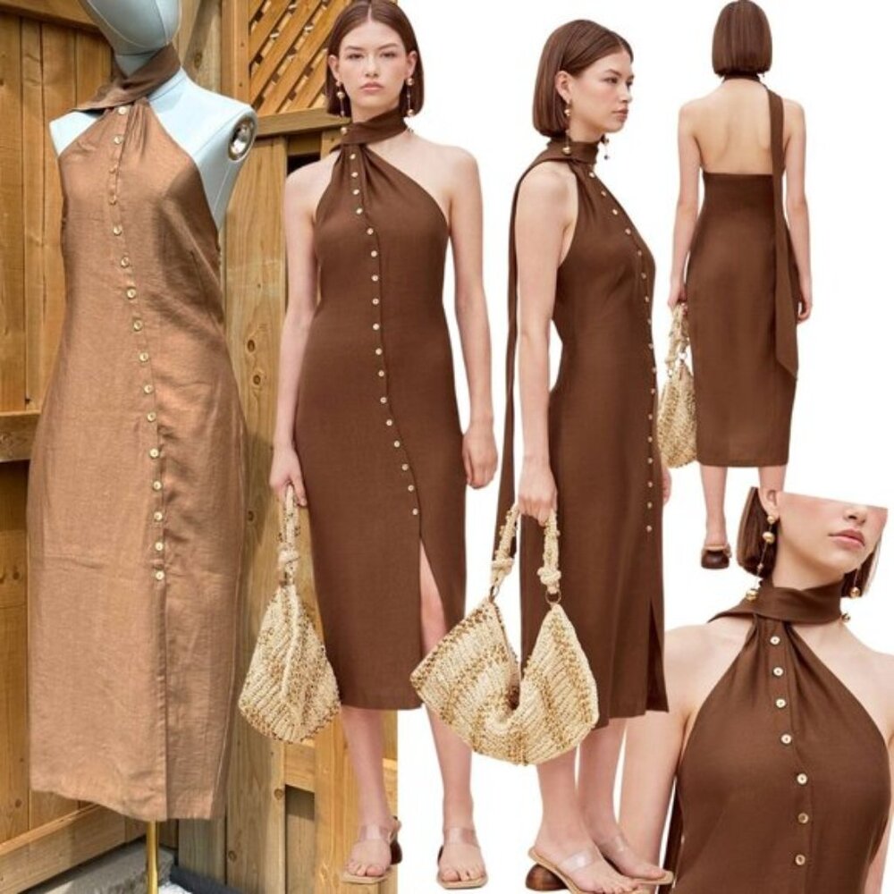 🆕 CULT GAIA 🧿 NWOT Romia Button-Detail Dress, Affogato Brown - Sz M